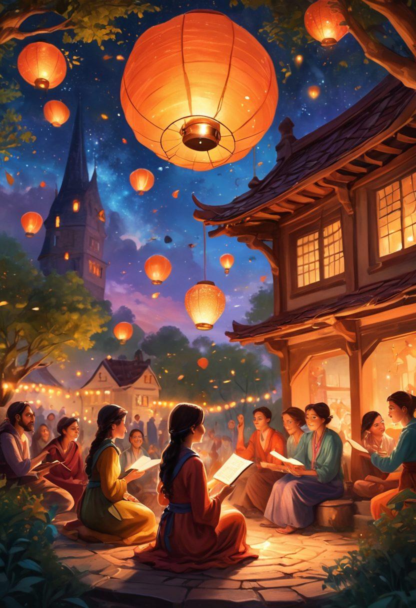 A captivating scene of an open book with vibrant pages swirling around, each page depicting vivid illustrations of characters and landscapes, symbolizing diverse storytelling techniques. In the background, a storyteller holding a lantern, casting a warm glow, surrounded by listeners in awe, evoking a sense of engagement and passion for storytelling. Ethereal sparkles in the air to represent creativity. super-realistic. vibrant colors. soft focus.
