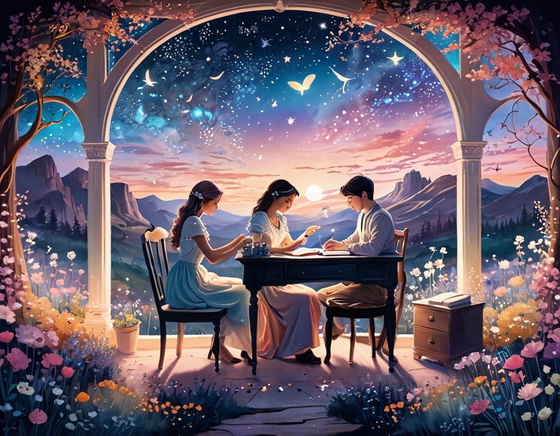 A romantic scene depicting two characters in love, surrounded by a whimsical landscape filled with flowers and stars. The characters should reflect diverse backgrounds and styles, showcasing their unique traits. Incorporate heart-shaped motifs and ethereal lighting to set a dreamy atmosphere. The foreground features a writing desk with scattered notes and ink, symbolizing character development. pastel colors. dreamy illustration.