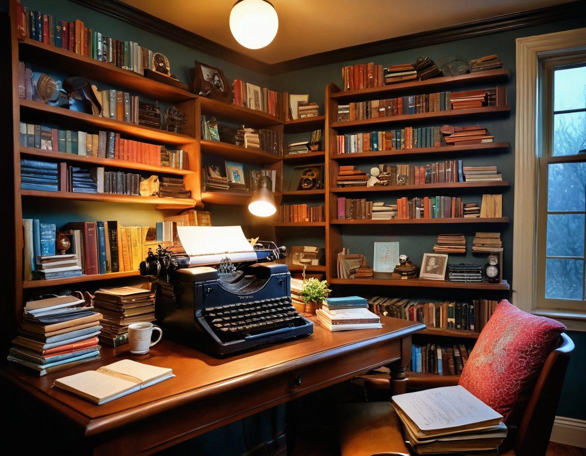 An imaginative setting featuring a cozy writer's nook filled with colorful notebooks and vintage typewriters, surrounded by floating books and whimsical characters from various fan fiction genres. Warm, inviting lighting enhances creativity, as a passionate writer types away, lost in their story. Elements like heart-shaped clouds and swirling ink emphasize the theme of love for writing. magical realism, vibrant colors, soft focus.